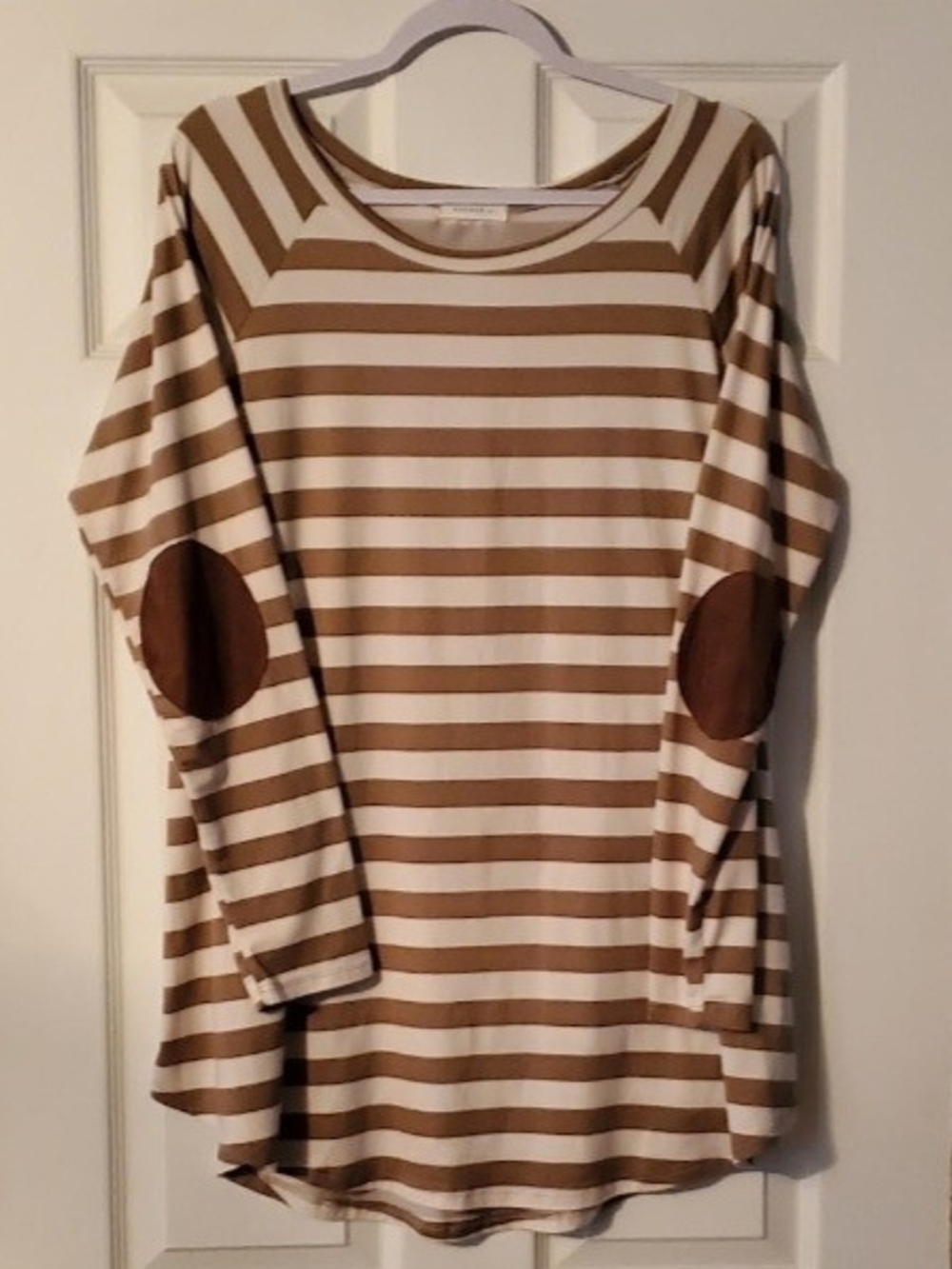 Reborn J Cream and Tan Striped Long-Sleeve Tunic with Suede Elbow Patches